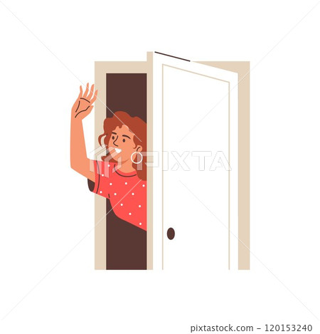 Vector illustration a young girl looking out of an open door and waving her hand 120153240