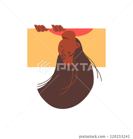 Woman peeping, peeking under yellow rectangle, vector funny persons head, hair upside down, looking with surprised eyes 120153241