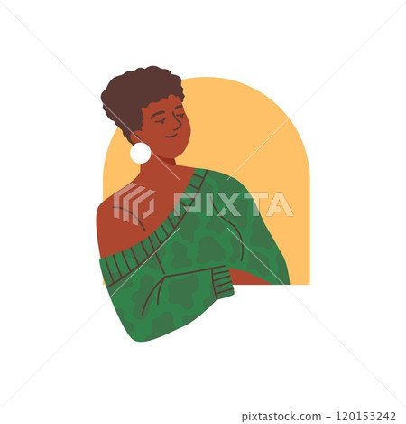 Vector illustration of a dark skinned woman peeping over a semicircular yellow hole. 120153242