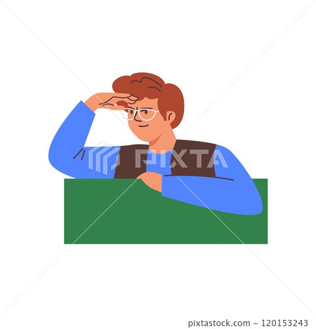 Vector illustration of a man in glasses, who puts his hand to his forehead and watches someone. Vector illustration of a man in glasses, who puts his hand to his forehead and watches someone. 120153243