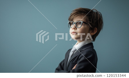 A boy in a suit looking up, positive, forward-looking 120153344