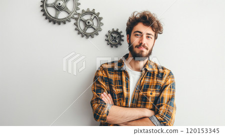 A man with his arms folded against a white background with gears, technical job, engineer 120153345