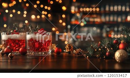 A cozy holiday scene featuring festive cocktails, twinkling lights, and Christmas decorations on a wooden table 120153417