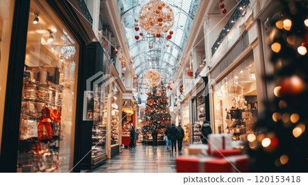a beautifully decorated shopping mall adorned with festive Christmas lights, ornaments, and a grand Christmas tree at the center 120153418