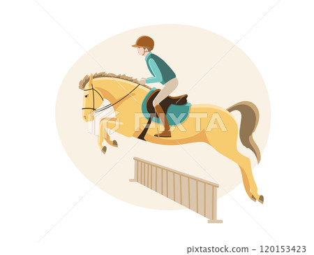 Young athlete on pony jumping over hurdle 120153423