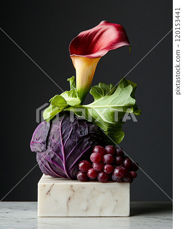 Artistic still life with red calla lily, purple cabbage, and grapes 120153441