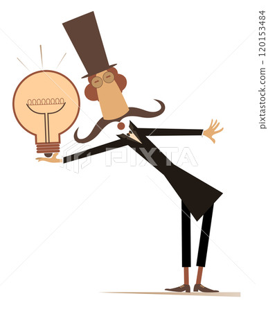 Business idea, knowledge exchange, successful work. Cartoon man in the top hat holds a light bulb. Isolated on white background Business idea, knowledge exchange, successful work. Cartoon man in the top hat holds a light bulb. Isolated on white background 120153484