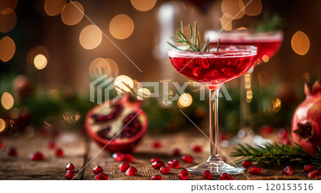 Pomegranate cocktail served in elegant glassware for festive winter holidays. Generative AI 120153516