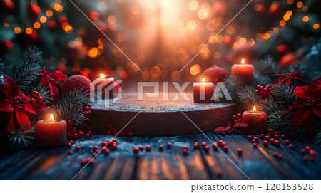 Festive Christmas podium with poinsettias at winter holiday celebration background. Generative AI Festive Christmas podium with poinsettias at winter holiday celebration background. Generative AI 120153528