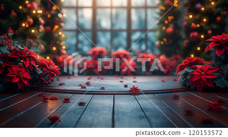 Festive Christmas podium with poinsettias at winter holiday celebration background. Generative AI 120153572