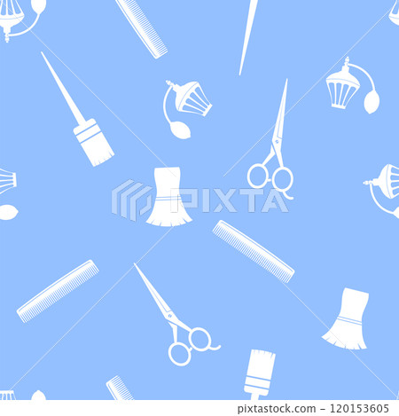 Vector Silhouettes of hairdressing accessories isolated on blue background. Hairdresser tool. Scissors, comb, hairbrush for barbershop Vector Silhouettes of hairdressing accessories isolated on blue background. Hairdresser tool. Scissors, comb, hairbrush for barbershop 120153605