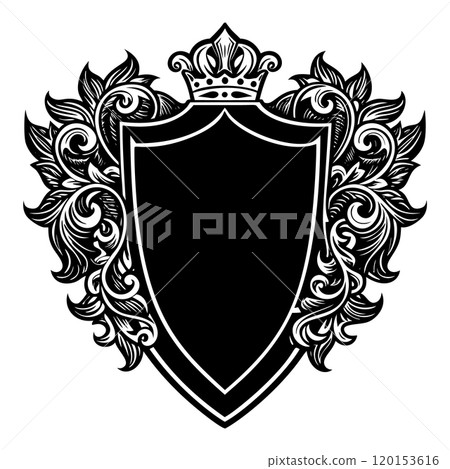 Heraldic shield with royal floral ornament. Vintage crest sign or coat of arms 120153616