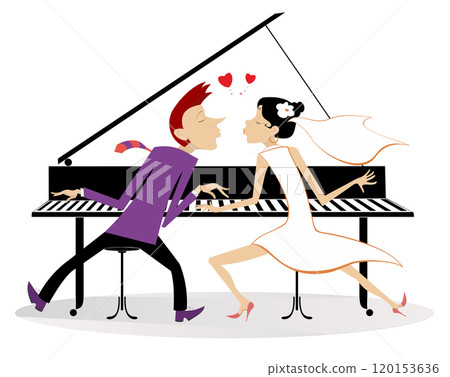 Happy wedding couple play piano by four hands. Love couple. Wedding couple play piano by four hands and kissing. Happy lovers characters Happy wedding couple play piano by four hands. Love couple. Wedding couple play piano by four hands and kissing. Happy lovers characters 120153636