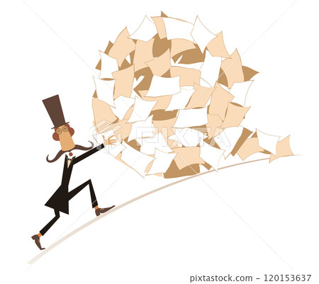 Hard working man in the top hat concept.  Pile, ball of papers. Businessman pulling a big ball of papers. Isolated on white background 120153637