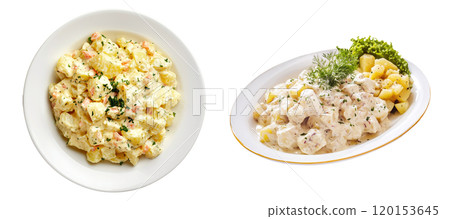 Set of isolated traditional Christmas menu, classic potato salad in a white plate on a transparent background. Top and isometric view. AI generated. Set of isolated traditional Christmas menu, classic potato salad in a white plate on a transparent background. Top and isometric view. AI generated. 120153645
