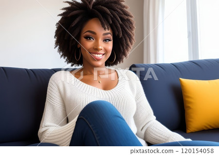 Taking Break. Smiling young black woman in glasses relaxing on bean bag chair sitting at tea table and resting, using pc laptop, happy millennial female leaning back, enjoying job, feeling pleased 120154058