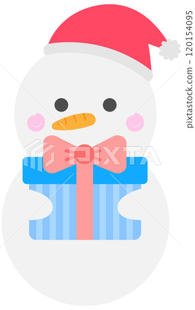 Cute Hand Drawn Winter SnowMan holding gift box 120154095