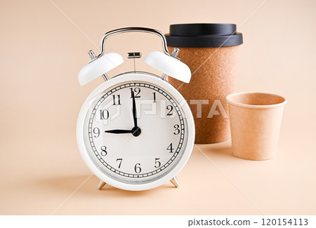 Minimalist Composition with Alarm Clock and EcoFriendly Coffee Cups Time and Sustainability 120154113