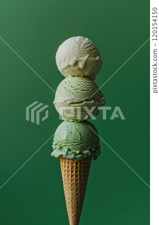 Three scoops of mint soft ice cream stacked on the waffle, bright green background, minimalistic presentation Three scoops of mint soft ice cream stacked on the waffle, bright green background, minimalistic presentation 120154150