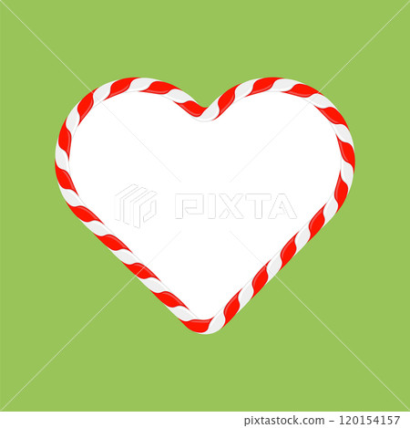 Vector Christmas candy heart frame with red and white stripes on green background. Xmas border. Sweet heart is symbol of love Vector Christmas candy heart frame with red and white stripes on green background. Xmas border. Sweet heart is symbol of love 120154157
