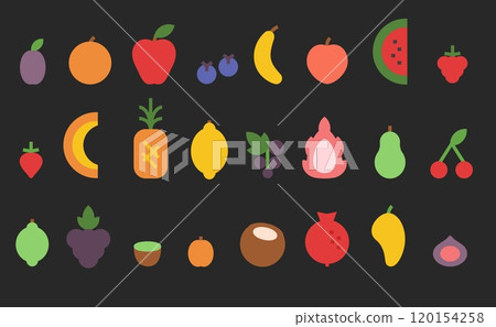 Minimalist fruits and berries. Fresh fruit icons for healthy food, natural dessert and grocery store design. Simple geometric flat vector symbols set Minimalist fruits and berries. Fresh fruit icons for healthy food, natural dessert and grocery store design. Simple geometric flat vector symbols set 120154258