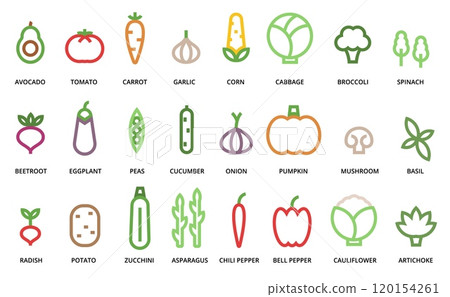 Minimalist line vegetable icons. Greengrocery healthy food and organic farm market products. Simple geometric vegetables and linear edible plants symbols vector set Minimalist line vegetable icons. Greengrocery healthy food and organic farm market products. Simple geometric vegetables and linear edible plants symbols vector set 120154261
