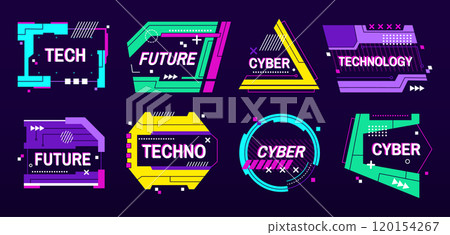 Cyber banner frames. Futuristic tech label and sci fi text box templates with glitchy digital frame for techno or gaming styled design. Geometric future themed layouts vector set 120154267