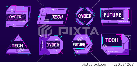 Tech banner frames. Cyber futuristic labels and digital glitch badge templates with abstract sci fi text boxes and hi tech design elements. Glitched label layouts vector set Tech banner frames. Cyber futuristic labels and digital glitch badge templates with abstract sci fi text boxes and hi tech design elements. Glitched label layouts vector set 120154268
