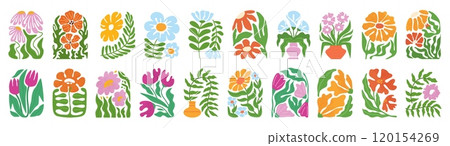 Abstract floral arch. Hand drawn botanical flowers, groovy plants with blooming flower, wavy leaves and decorative vases. Playful retro springtime doodle vector illustration set Abstract floral arch. Hand drawn botanical flowers, groovy plants with blooming flower, wavy leaves and decorative vases. Playful retro springtime doodle vector illustration set 120154269