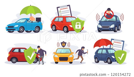 Car protection. Vehicle protected by auto insurance umbrella and anti theft security shield. Safeguarding against theft and damage, car alarm cartoon vector illustration set 120154272