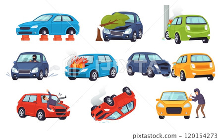 Car risks. Auto insurance cases of traffic collision, pedestrian hit, vehicle theft, rolling over and cars damage. Road accidents and wrecked vehicles cartoon vector illustration set Car risks. Auto insurance cases of traffic collision, pedestrian hit, vehicle theft, rolling over and cars damage. Road accidents and wrecked vehicles cartoon vector illustration set 120154273