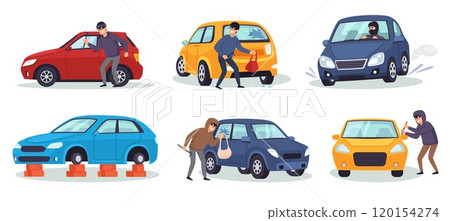 Car theft. Burglars stealing cars, drive stolen auto, thieves break glass and breaking into vehicles to steal bag. Car crime cartoon vector illustration set Car theft. Burglars stealing cars, drive stolen auto, thieves break glass and breaking into vehicles to steal bag. Car crime cartoon vector illustration set 120154274