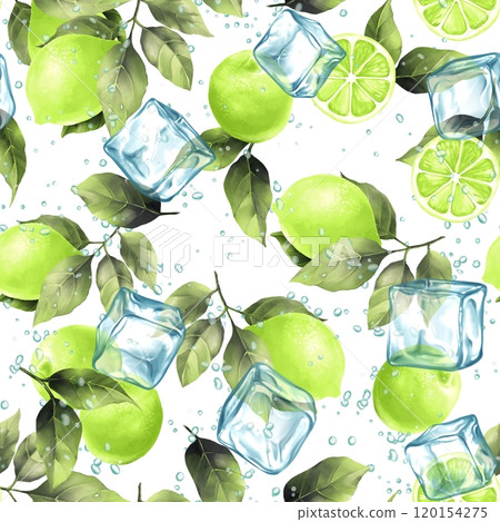 Seamless pattern with limes and ice cubes. Hand drawn vibrant background with fruits and leaves. Design for wrapping paper, cards, textile and etc. Seamless pattern with limes and ice cubes. Hand drawn vibrant background with fruits and leaves. Design for wrapping paper, cards, textile and etc. 120154275