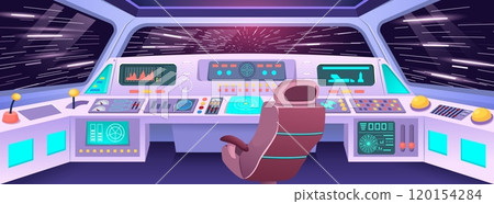 Futuristic spaceship cockpit. Hyper jump view from space station cabin with high tech control panel, pilot seat and cosmic backdrop. Cartoon interstellar travel vector illustration Futuristic spaceship cockpit. Hyper jump view from space station cabin with high tech control panel, pilot seat and cosmic backdrop. Cartoon interstellar travel vector illustration 120154284