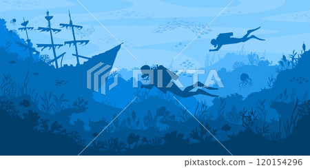 Diving silhouette landscape. Underwater adventure with scuba divers exploring marine life, sunken ship and coral reef. Deep sea exploration layered aquarium background vector illustration 120154296