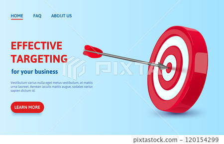 Effective targeting for business. Red bullseye target with bow arrow concept for target audience reach and marketing solutions. Banner template or landing page 3D vector illustration 120154299