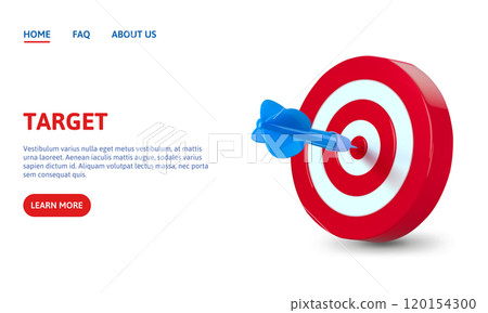 Dart arrow hit dartboard. Red and white bullseye target concept for goal achievement and focus in business strategy. Targeting banner template or landing page 3D vector illustration Dart arrow hit dartboard. Red and white bullseye target concept for goal achievement and focus in business strategy. Targeting banner template or landing page 3D vector illustration 120154300