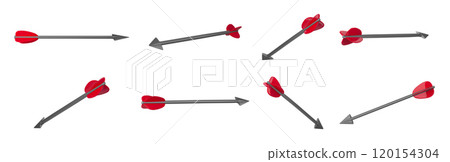 Bow arrows. Sharp point archery arrow with red fletching, arrowhead weapon pointer various 3D angles realistic isolated vector illustration collection 120154304