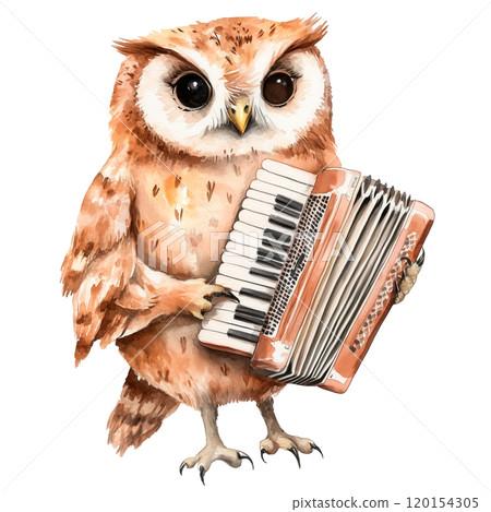 Watercolor illustration of a charming owl playing the accordion on a transparent background. Ideal for music-themed projects, children illustrations, woodland scenes, and animal character designs. 120154305