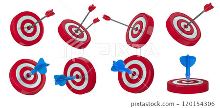 Target hit. Dartboard or bullseye targets with darts and arrows. Targeting goal and direct aim concept. Hitting the target 3D various angles vector illustration set 120154306