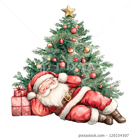 Watercolor illustration of Santa Claus sleeping beside a decorated Christmas tree with a gift box on a transparent background. Perfect for holiday cards, festive decorations. Watercolor illustration of Santa Claus sleeping beside a decorated Christmas tree with a gift box on a transparent background. Perfect for holiday cards, festive decorations. 120154307