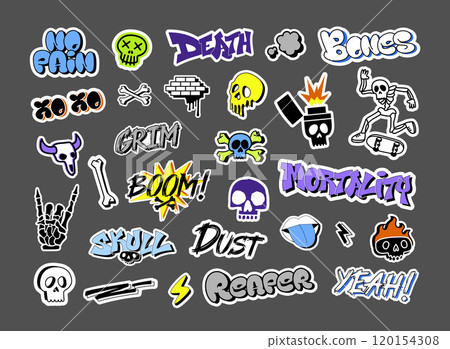 Graffiti skull stickers. Street art decals with skulls and bones, rebellious pop punk tattoo and hand drawn extreme urban style vector illustrations set 120154308