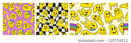Trippy smile pattern. Retro psychedelic emoji faces in acid rave or Y2K aesthetic, drippy melted blob face and funny smiling seamless patterns vector illustration set 120154312