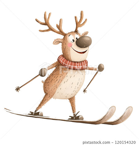 Reindeer skiing on a transparent background. Winter character, festive fun, skiing adventure, holiday sports, winter activities, joyful holiday vibes, cozy illustration, snowy joy. 120154320