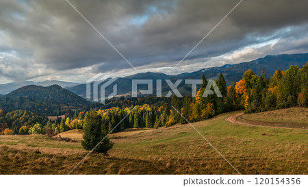 Scenic Autumn Landscape with Rolling Hills and Forests, Pieniny, Poland 120154356