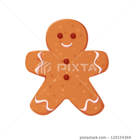 Christmas gingerbread cookie Man shape decorated with icing. Traditional Winter Holidays biscuit. Cartoon vector illustration 120154369