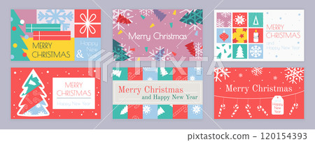 Merry Christmas cover template for social media. Xmas greeting cards with abstract gift boxes with bow, snowflakes, festive fir trees, pines with holiday patterns, candy canes. Vector illustration. Merry Christmas cover template for social media. Xmas greeting cards with abstract gift boxes with bow, snowflakes, festive fir trees, pines with holiday patterns, candy canes. Vector illustration. 120154393