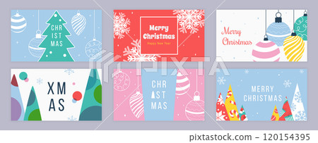Merry Christmas cover template for social media. Xmas greeting cards with abstract pine trees with balls, hanging toys decor, Santa hats, snowflakes, candy canes, gifts patterns. Vector illustration. Merry Christmas cover template for social media. Xmas greeting cards with abstract pine trees with balls, hanging toys decor, Santa hats, snowflakes, candy canes, gifts patterns. Vector illustration. 120154395