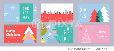 Merry Christmas cover template for social media. Xmas greeting cards with abstract winter forest with snowflakes, pine trees with hanging balls and toys, gift boxes and candy. Vector illustration. 120154398