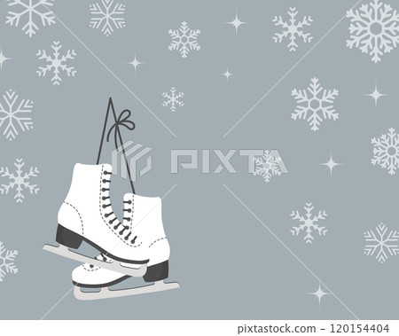 Figure skates on a blue background with snowflakes. Winter sport. Flat illustration, postcard 120154404